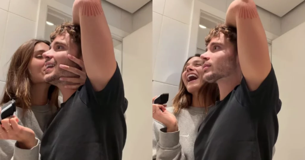 Sasha Meneghel segura máquina de barbear ao lado de João Lucas durante mudança de visual em casa