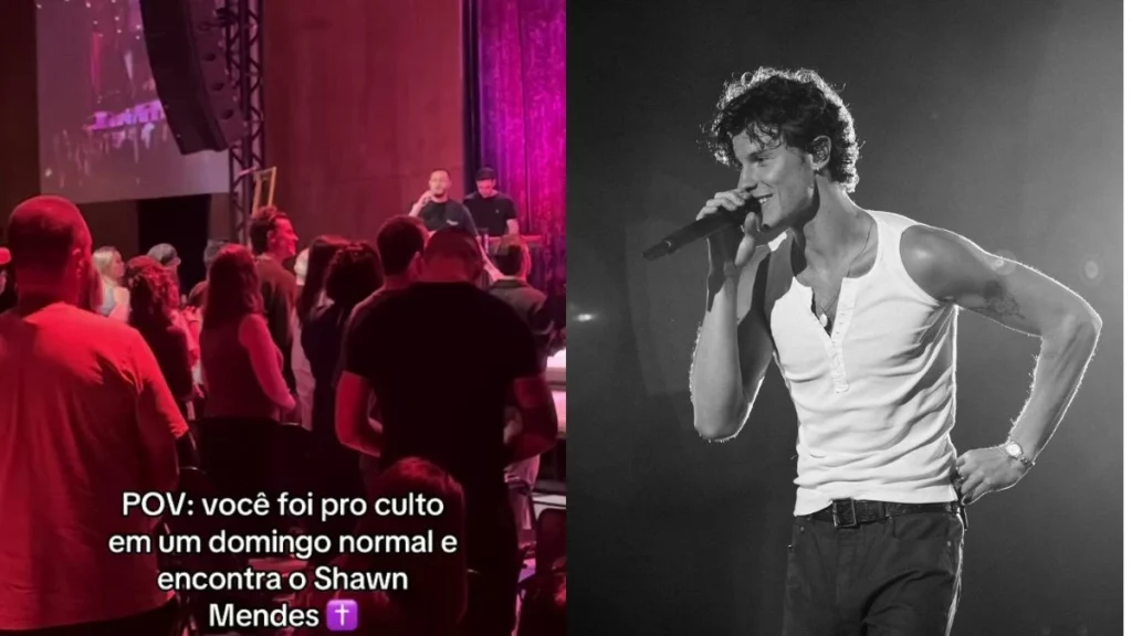 Shawn Mendes acompanha Bruna Marquezine, Sasha e João Lucas em igreja de SP Montagem mostra culto com público e palco à esquerda e Shawn Mendes em show segurando microfone à direita em foto em preto e branco.