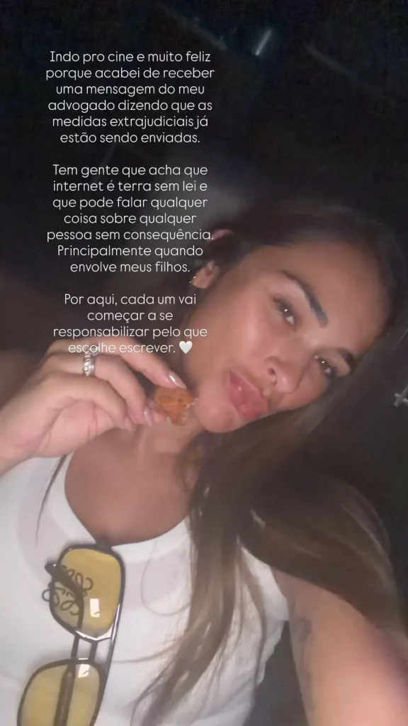 Tainá Militão aparece em selfie enquanto afirma que medidas jurídicas foram tomadas após ataques aos filhos