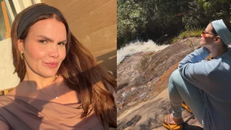 Montagem com duas fotos de Thais Carla. À esquerda, uma selfie do rosto dela iluminado pelo sol, usando uma faixa preta no cabelo. À direita, ela aparece sentada em uma rocha observando a queda d'água de uma cachoeira, vestindo roupas em tons de azul claro.