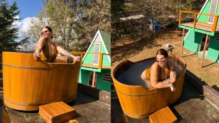 Thais Carla relaxa em um ofurô de madeira durante viagem após a separação.