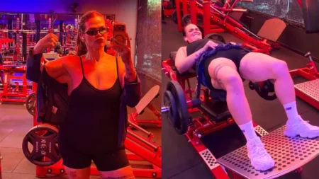 Solteira, Thais Carla surpreende com rotina de treinos e celebra nova fase: ‘Muita energia’ Colagem de duas fotos: Thais Carla fazendo selfie de bíceps e, ao lado, Thais Carla deitada fazendo leg press.