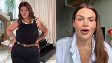 Após perder mais de 100 kg, Thaís Carla revela uso de canetas emagrecedoras Montagem com duas imagens de Thaís Carla: à esquerda, a influenciadora posa em pé usando roupa preta; à direita, aparece falando em vídeo no Instagram, onde revelou o uso de canetas emagrecedoras durante seu processo de emagrecimento.
