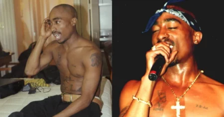 Montagem mostra Tupac Shakur em dois registros: à esquerda, o rapper aparece sem camisa, sentado em um quarto e com uma das mãos próxima à cabeça; à direita, surge durante uma apresentação, segurando um microfone, usando bandana e colar com crucifixo