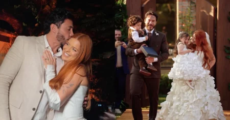 Montagem mostra Viih Tube e Eliezer juntos e, ao lado, o casal durante a cerimônia de casamento com os filhos Lua e Ravi