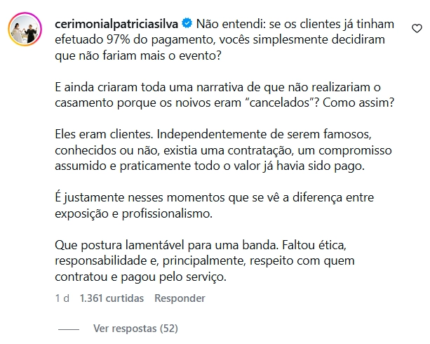 Viih Tube ganha defesa de cerimonialistas em caso com Jota Quest 1 Comentário da cerimonialista Patrícia Silva no Instagram critica o cancelamento do show do Jota Quest no casamento de Viih Tube e Eliezer