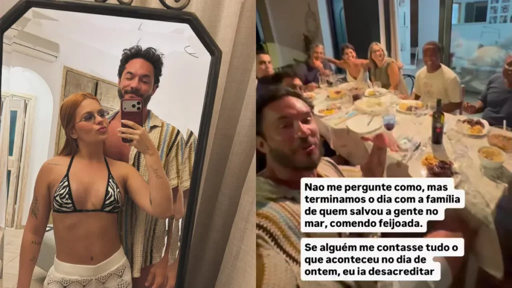 Após susto, Viih Tube e Eliezer jantam com família que os resgatou no mar; veja Viih Tube e Eliezer aparecem durante jantar com a família que ajudou a resgatá-los após problema com o barco na Sardenha.