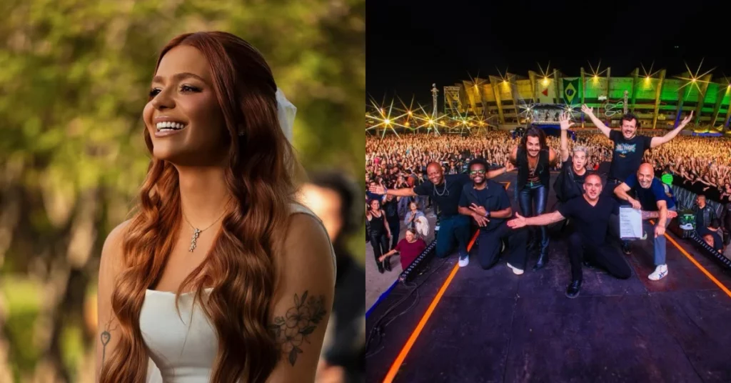 Viih Tube aparece vestida de noiva à esquerda, enquanto integrantes do Jota Quest posam no palco diante de uma multidão durante show