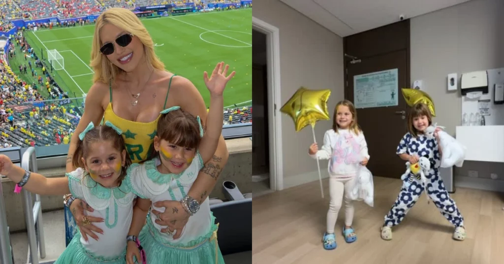 Virginia Fonseca posa com Maria Alice e Maria Flor em estádio, ao lado de registro das filhas sorridentes com balões e ursinhos após receberem alta médica