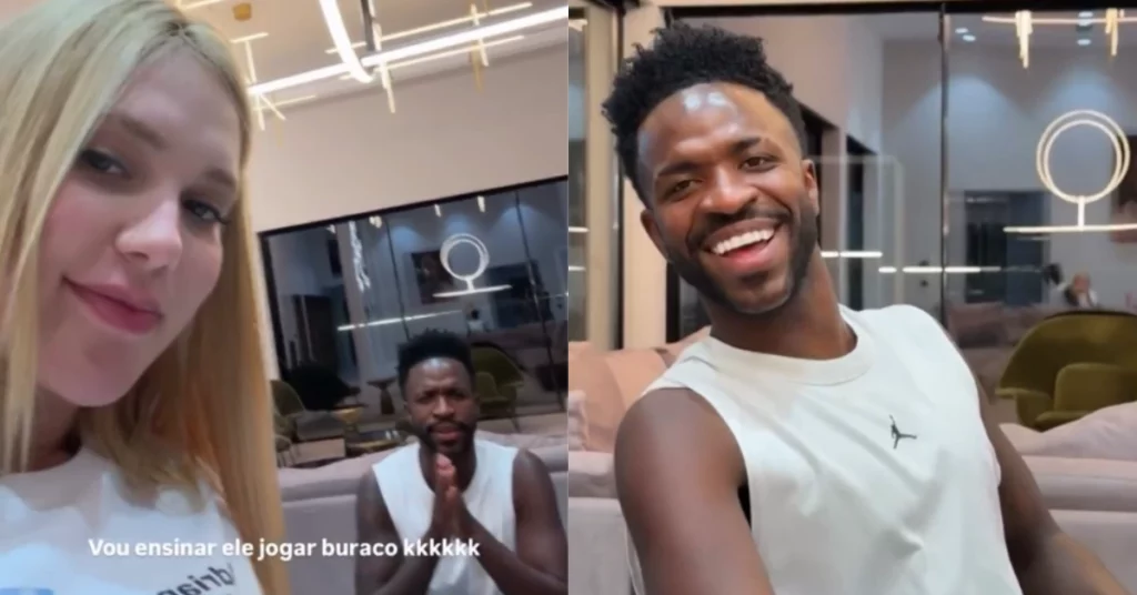 Montagem mostra Virginia Fonseca à esquerda, gravando vídeo dentro de uma sala, e Vini Jr. à direita, sorrindo enquanto participa do momento em Madri