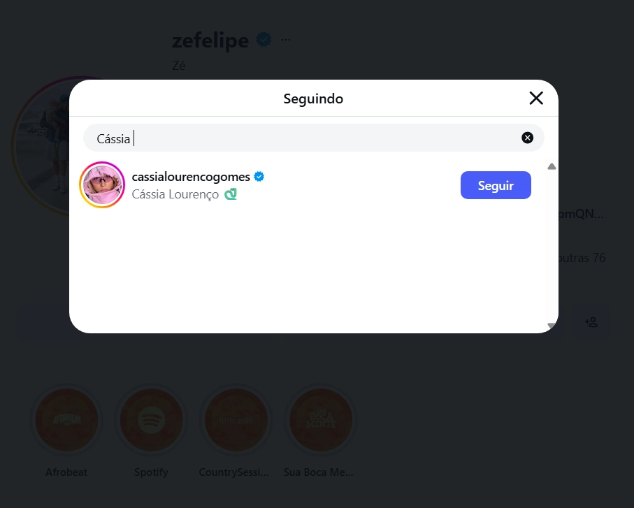 Zé Felipe toma atitude com ex de Éder Militão após fim de casamento 1 Montagem reúne capturas dos perfis de Cássia Lourenço e Zé Felipe no Instagram, com buscas nas listas de contas seguidas pelos dois