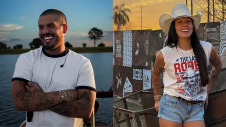 Montagem com Zé Felipe sorrindo e Ana Castela usando chapéu de cowboy durante a Festa do Peão de Barretos.