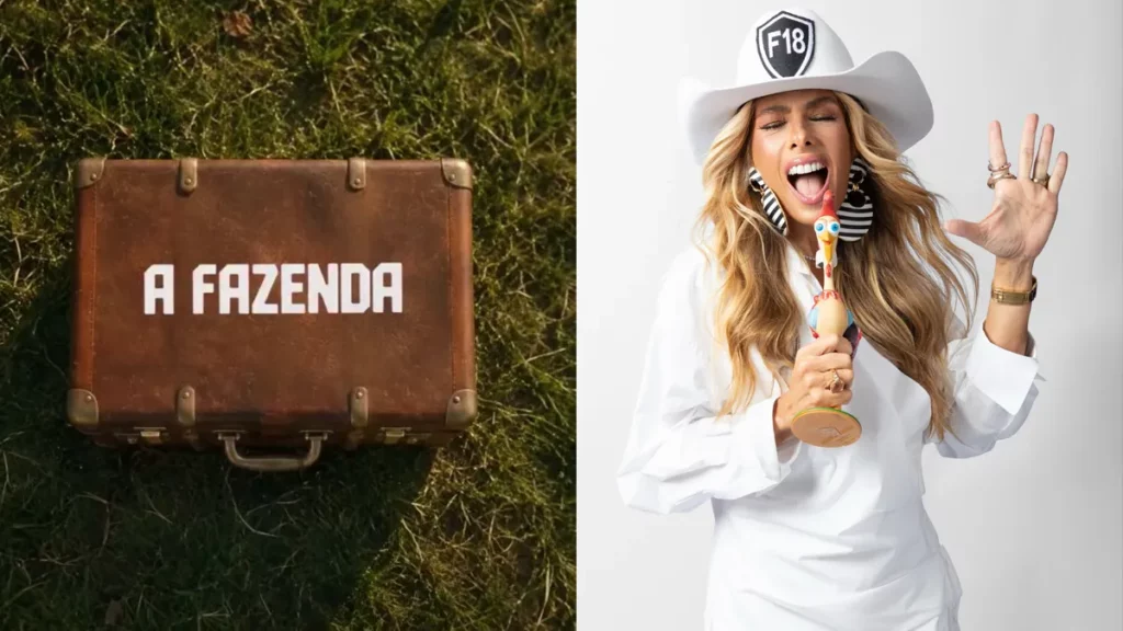 Montagem de fotos com A arte oficial de a Fazenda e Adriane Galisteu, atual apresentadora do reality.