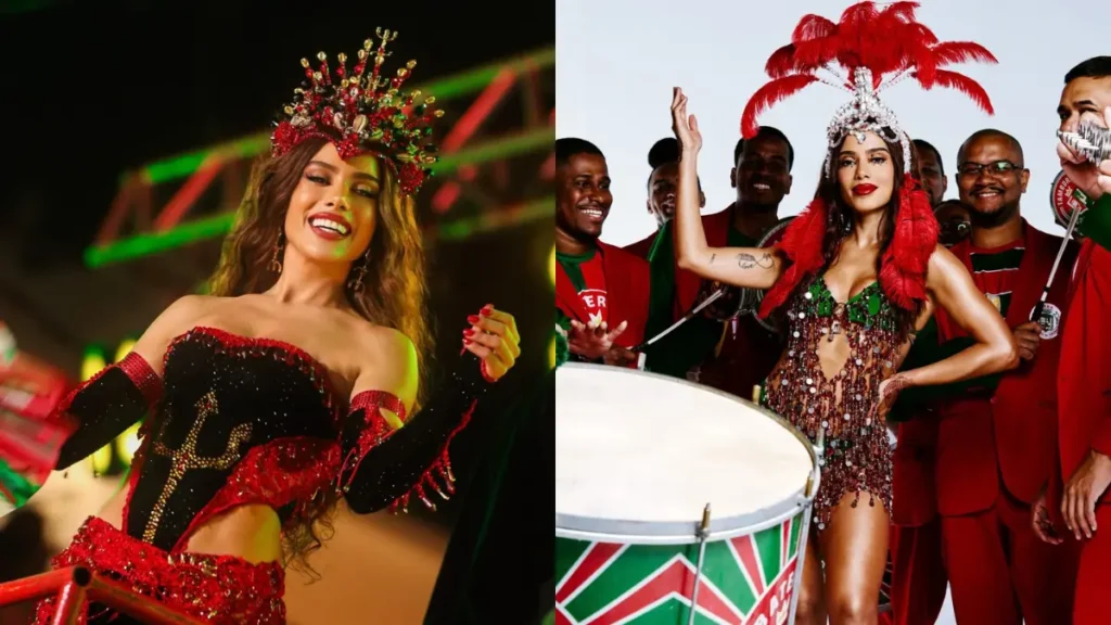 Apontado como affair de Anitta, ator surge com cantora no 1º flagra juntos; confira Anitta aparece caracterizada como rainha de bateria da Grande Rio em duas imagens, usando fantasias vermelha, preta e verde e posando ao lado de integrantes da escola de samba.