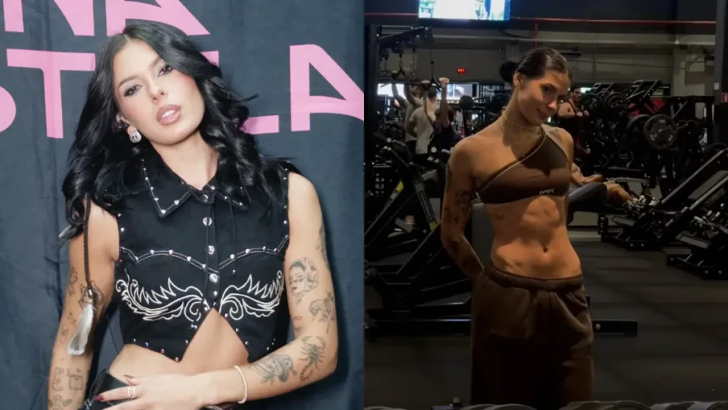 Montagem com Ana Castela em evento e, ao lado, cantora em academia exibindo o abdômen definido durante treino.