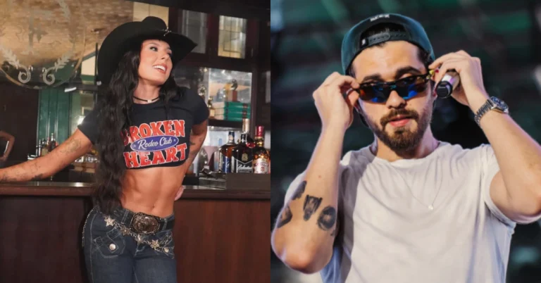 Ana Castela vibra em show de Gustavo Mioto após interação recente; assista Montagem reúne Ana Castela de chapéu preto e Gustavo Mioto durante apresentação