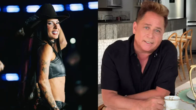Montagem com Ana Castela, à esquerda, usando chapéu preto e look preto, e Leonardo, à direita, sentado à mesa usando camisa preta.