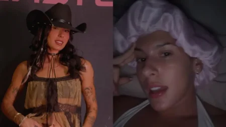 Ana Castela aparece em duas fotos; à esquerda, usa chapéu de cowboy e look com renda, enquanto, à direita, surge deitada com uma touca de cetim falando sobre previsões de videntes.