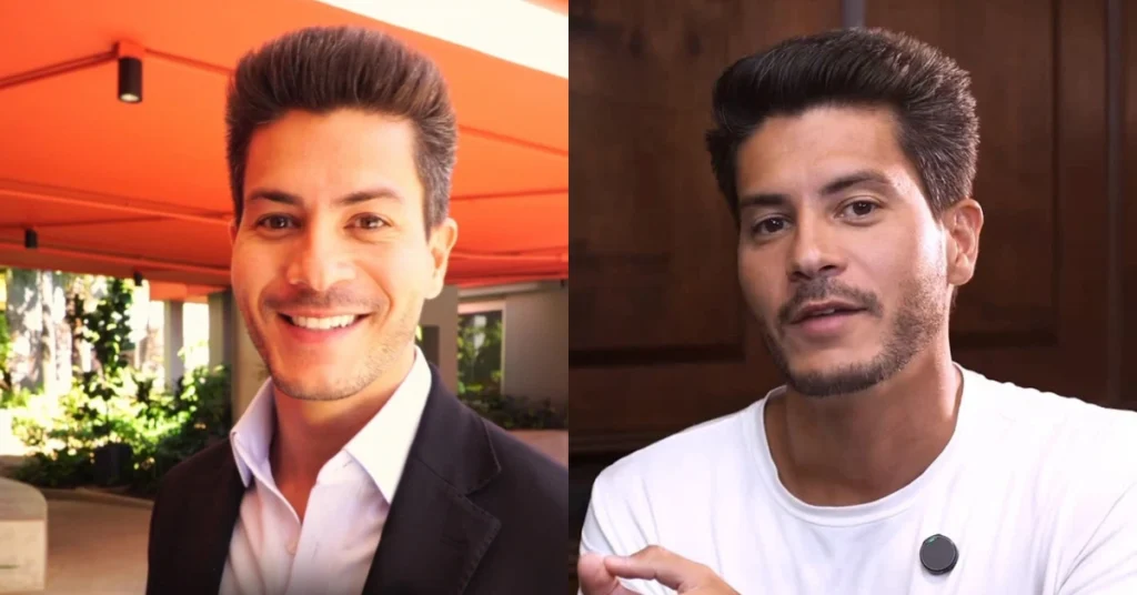 Arthur Aguiar aparece em montagem com duas fotos, usando terno em uma imagem e camiseta branca em outra