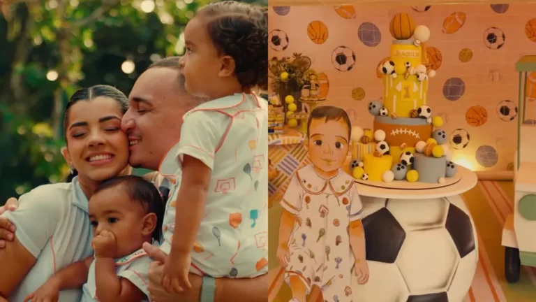 Ary Mirelle revela detalhes da festa de 1 ano de filho com João Gomes; confira Ary Mirelle, João Gomes e os filhos durante a festa de 1 ano de Joaquim, com decoração esportiva ao fundo.
