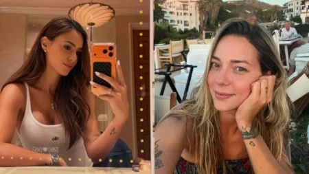 Bruna Biancardi e Carol Dantas aparecem em fotos lado a lado, fazendo selfies em ambientes diferentes.