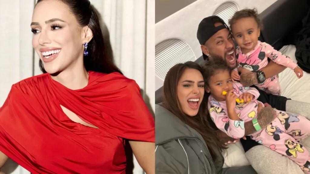 Bruna Biancardi surpreende com novo integrante da família: ‘Não definimos o nome’ Montagem mostra Bruna Biancardi em foto individual e, ao lado, Neymar com Bruna e as filhas Mavie e Mel