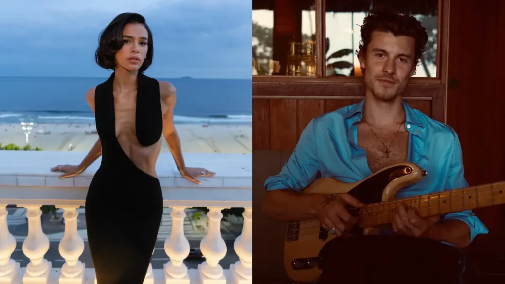 Bruna Marquezine e Shawn Mendes aparecem em fotos lado a lado; ela usa vestido preto à beira-mar, enquanto ele posa com um baixo.