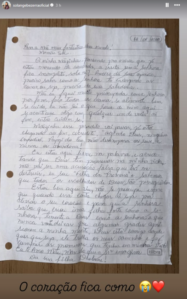 Imagem com a carta de Deolane escrita na prisão