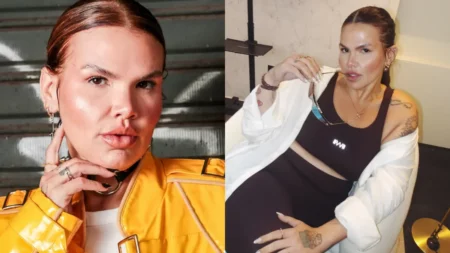 Thais Carla aparece em duas fotos, uma usando jaqueta amarela, exibindo o anel de compromisso, e outra com roupa preta e branca