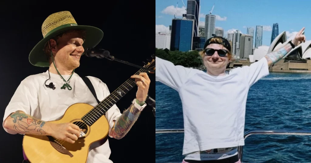 Montagem mostra Ed Sheeran tocando violão durante apresentação e, ao lado, posando diante de uma paisagem urbana e marítima