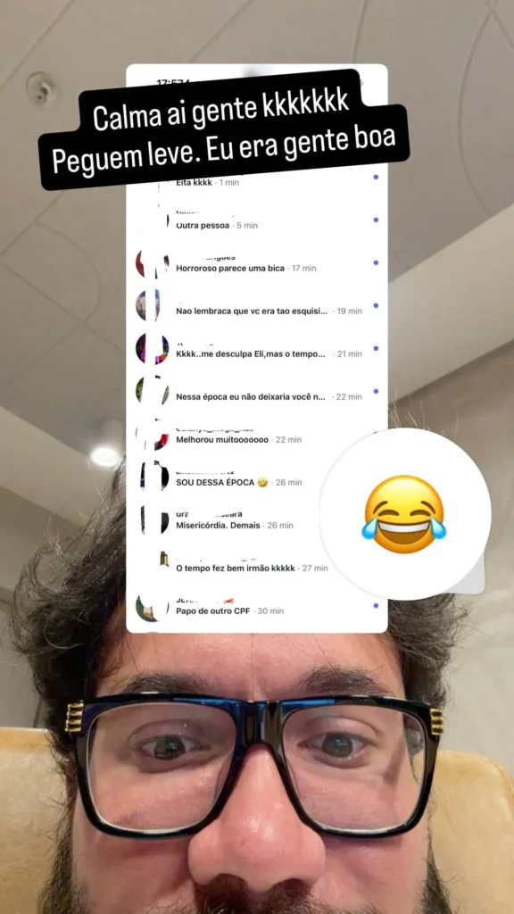 Eliezer resgata foto aos 25 anos e web reage: 'Misericórdia' 2 Captura de tela da reação de Eliezer aos comentários sobre sua aparência aos 25 anos.