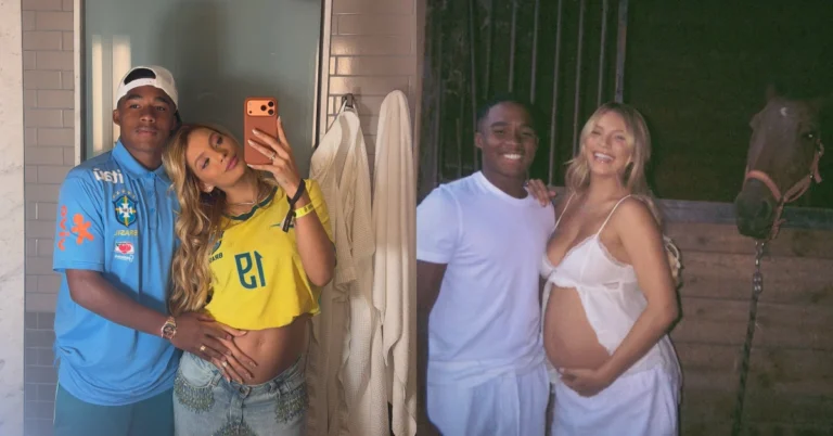 Gabriely Miranda rebate críticas ao nome do filho: ‘Pix ninguém quer mandar’ Montagem mostra Endrick e Gabriely Miranda juntos em dois momentos durante a gestação do primeiro filho, Kendrick