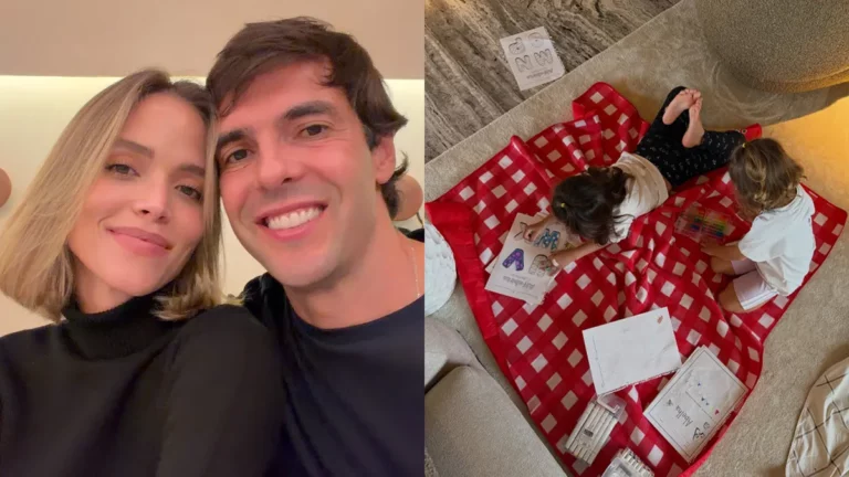 Esposa de Kaká abre álbum em família e revela por que esconde rosto das filhas; veja Montagem de fotos com Carol Leite, Kaka e os filhos.