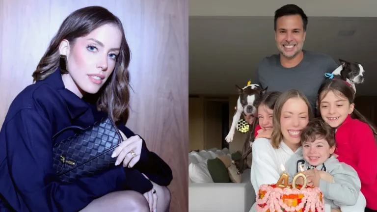 Fabi Justus emociona ao comemorar seus 40 anos: ‘Muito mais do que eu podia sonhar’ Fabi Justus em foto individual e ao lado com o marido, os três filhos e as duas cachorras comemorando seus 40 anos.
