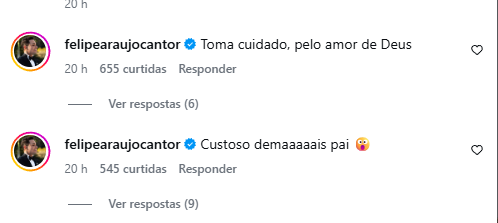 Felipe Araújo reage ao atropelamento do pai e faz alerta: 'Custoso demais' 1 Comentário de Felipe Araujo na publicação do pai sobre atropelamento em casa.
