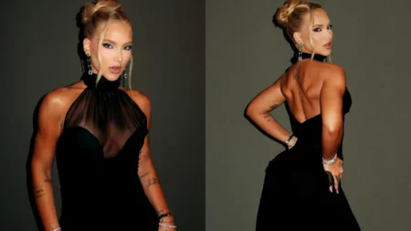 Virginia Fonseca posa com vestido preto de costas e de frente antes de festa de gala da marca de beleza.