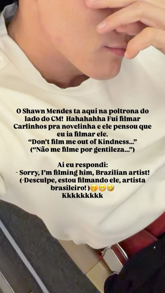 Fotógrafo de Carlinhos Maia revela confusão com Shawn Mendes em aeroporto; veja 1 Story do fotógrafo de Carlinhos Maia contando o ocorrido com Shawn Mendes
