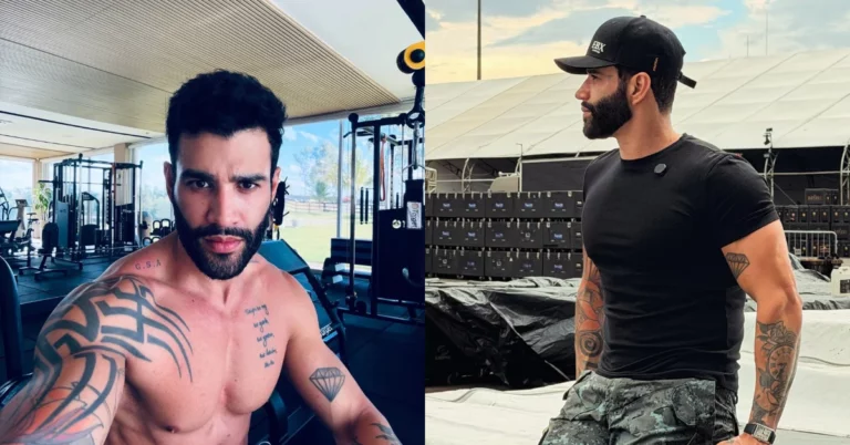Gusttavo Lima aparece em montagem com barba cheia em dois registros, um sem camisa na academia e outro de camiseta preta e boné nos bastidores de um evento