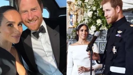 Montagem mostra Harry e Meghan Markle juntos em momentos diferentes, com o casal sorrindo em registros formais e descontraídos.