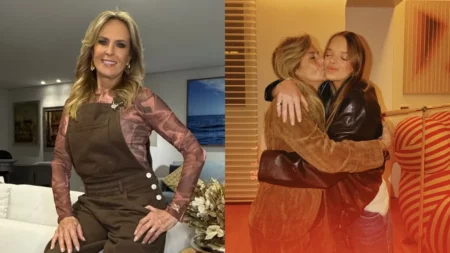 Helô Pinheiro aparece ao lado de foto em que abraça e beija a neta Rafa Justus.