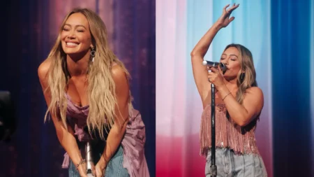 Hilary Duff confirma show no Brasil após 18 anos; confira detalhes Hilary Duff em dois momentos de seu show.