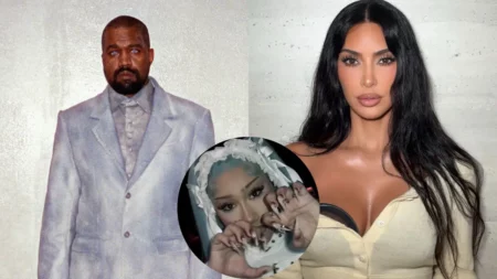 Montagem de Kanye West, Kim Kardashian e North West em destaque no centro da imagem.