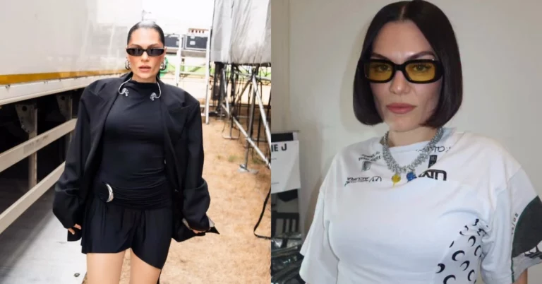 Montagem reúne dois registros de Jessie J usando óculos, com looks preto e branco