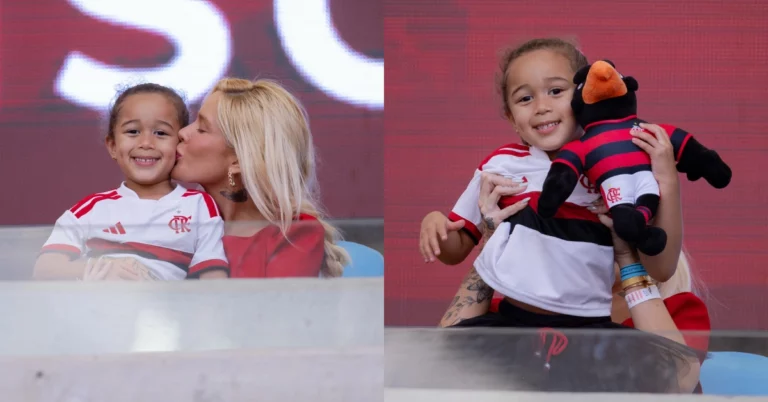 Filha de Karoline Lima e Éder Militão ganha surpresa no Flamengo; veja Cecília com camisa do Flamengo ao lado de Karoline Lima e segurando uma pelúcia do mascote Urubão