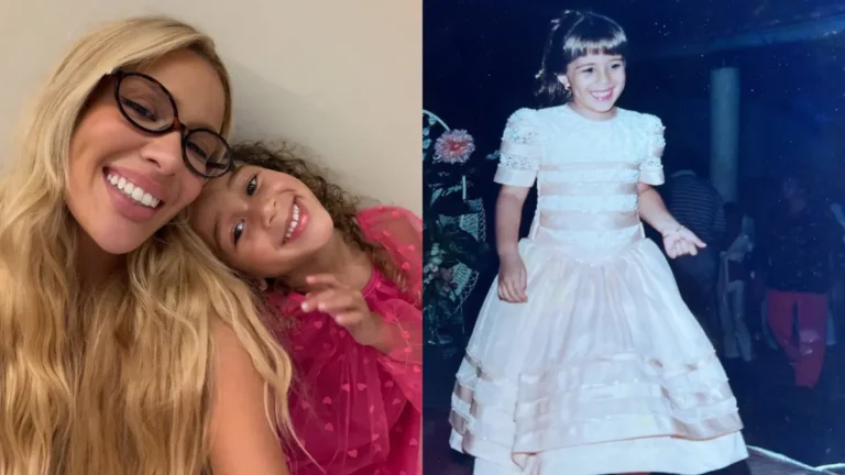 Karoline Lima surpreende com semelhança com a filha em foto rara da infância; veja Karoline Lima aparece ao lado da filha Cecília em uma foto atual, enquanto um registro de sua infância é exibido ao lado para comparação.
