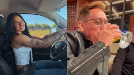 Montagem com Ana Castela sorrindo dentro de um carro e Leonardo bebendo em um restaurante.