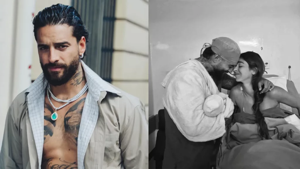 Montagem de fotos com Maluma, a esposa e filhos.