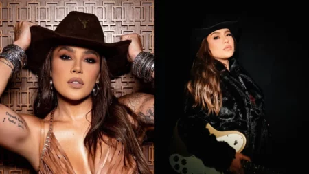 Lauana Prado posa com chapéu country e visual sofisticado ao lado de outra foto da cantora com violão e chapéu preto.