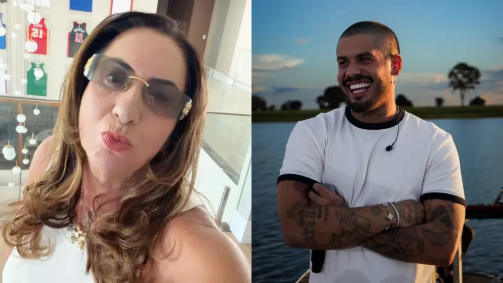 Margareth Serrão e Zé Felipe aparecem lado a lado em montagem de fotos, sorrindo para a câmera.