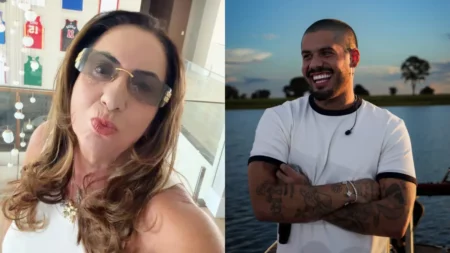 Margareth Serrão e Zé Felipe aparecem lado a lado em montagem de fotos, sorrindo para a câmera.